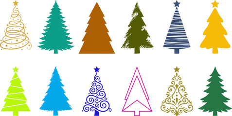 Obraz premium Set of christmas tree line art. Abstract linear christmas tree. Hand drawn christmas trees doodle. Minimalist and elegant christmas ornament. Vector illustration