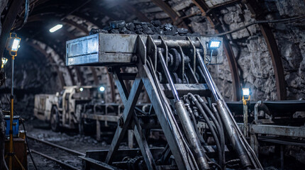 Fototapeta premium Mining equipment with coal loaded in a conveyor system inside a dark underground tunnel illuminated by industrial lights and rocky walls