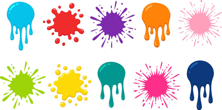 Color paint splatter. Bright colorful splashes and drips, abstract blot splatter. Ink stains for kids, comics, pop art posters and stickers, graffiti. Rainbow inkblot vector isolated set.