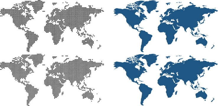World map vector set. Minimalist dotted world map and flat blue silhouette isolated on white background.