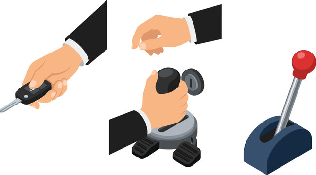 Hand operating manual gear shift lever icon set with business hand holding stick shifter vector illustration for car driving