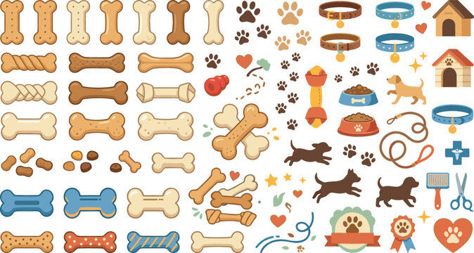 Dog bone treats vector icons set with pet food bowls collars leashes houses and grooming tools