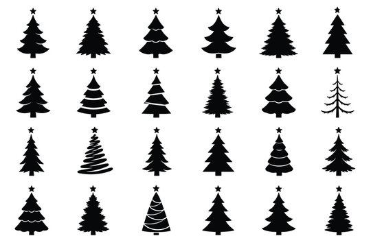 Collection of twenty four christmas tree silhouettes in varying shapes and styles on a white background silhouette trees fir pine