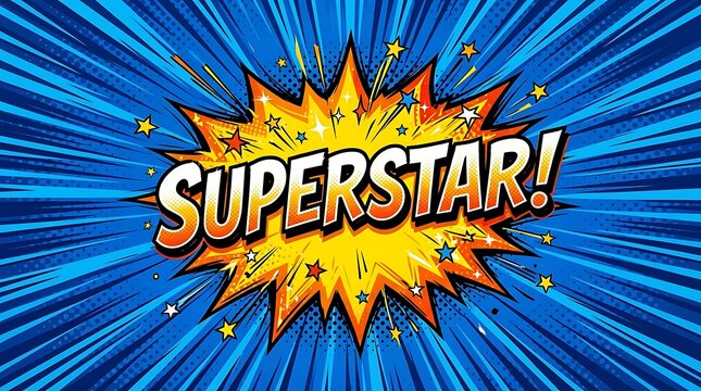 Superstar comic book text over blue rays background.