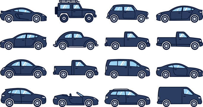 Car icon set featuring different auto types sports cars pickup trucks suvs sedans convertibles and delivery vans