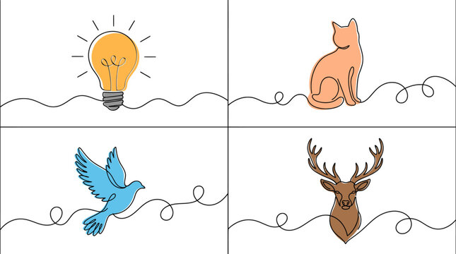 Simple line drawings of animals and objects on wavy lines