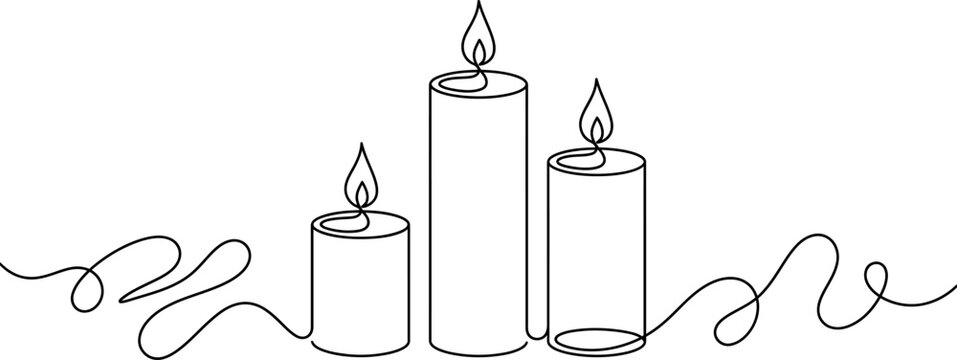 One line continuous three candle. Silhouette of burning memorial ceremony church tradition. Digital white single line sketch drawing vector illustration