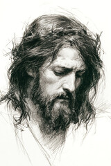 Fototapeta premium Close-up sketch of Jesus Christ with long hair and a beard, wearing a crown of thorns and looking down with a sad expression. The background is white