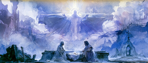 Obraz premium Mary and Joseph are present as they look down at the newborn Jesus. A bright light surrounds them. The scene shows the birth in a simple place