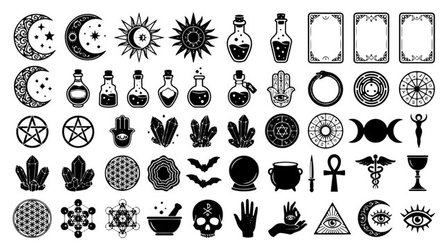 Witchcraft mystical occult alchemy and esoteric spiritual symbols silhouette pack