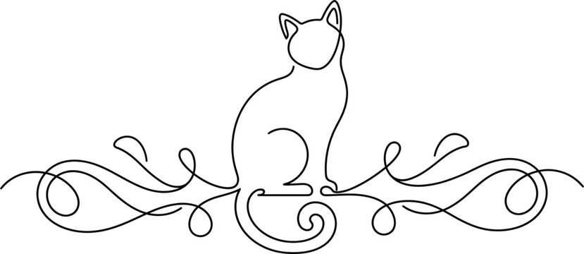 Minimalist line drawing of a cat sitting on an ornate branch with swirling leaves design
