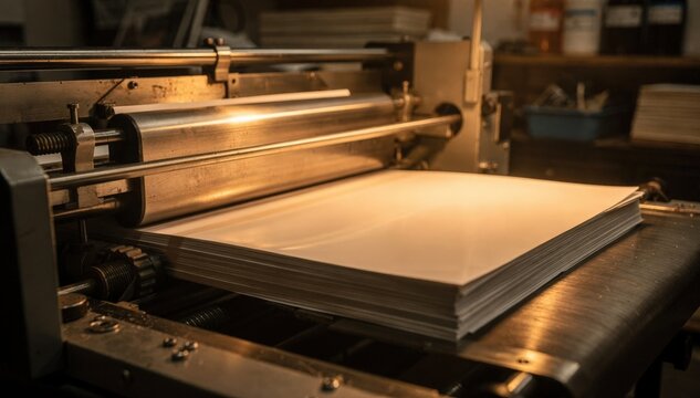 Automated cutting machine slicing photographic paper in a darkroom set with a soft amber safelight emphasizing technology in film development processes.