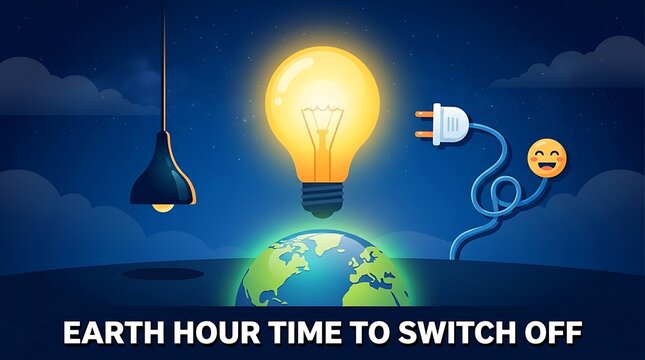 Earth hour concept illustration with glowing light bulb and happy earth saving energy idea