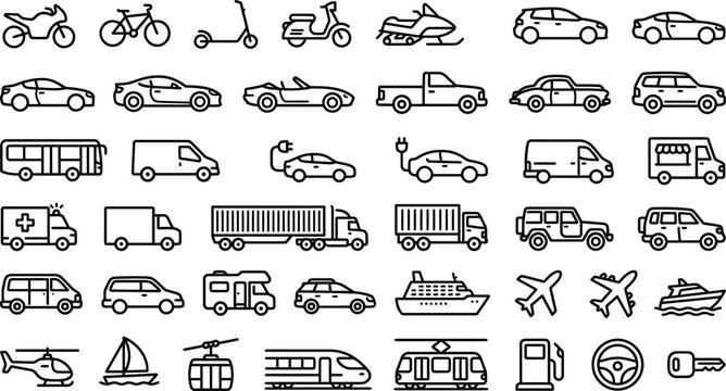 Transport icon set. Vehicles line icons with editable stroke. Logistics and transportation outline vector symbols.