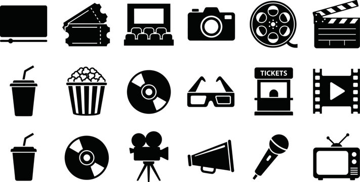 Cinema icons set. Movie Icons collection. Clapper board icon set. Contains such icon as film, movie, tv, video and more. Movie, Video icons, Collection film, TV sign. Vector illustration