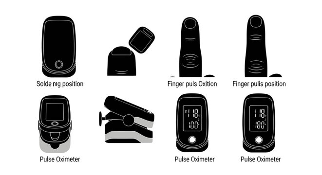 Pulse oximeter device silhouettes and finger placement icons