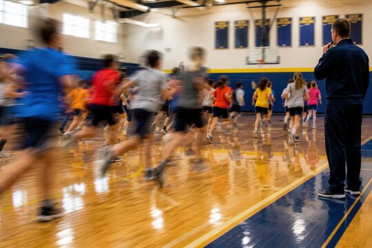 Physical education teacher observing students running across school gymnasium floor