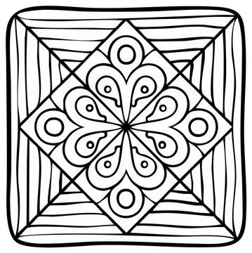 Abstract Geometric Ornament in Square Frame: Black and White Decorative Pattern for Coloring or Textile