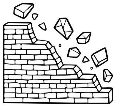Cartoon brick wall collapsing, falling, crumbling with debris and broken bricks, hand-drawn outline