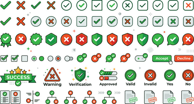 Check mark vector icons set with cross marks approved buttons warning signs and digital interface survey elements