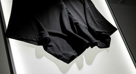 Naklejka premium A simple black cotton t-shirt draped elegantly over a sleek, backlit glass panel. Soft shadow play, minimalist aesthetic