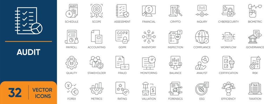 Audit Icon Set. Containing Compliance, Accounting, Review, Report, Rating, Inspect and more. Editable vector Line icons collection.