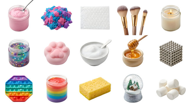 Collection of various sensory toys and household items isolated on transparent background