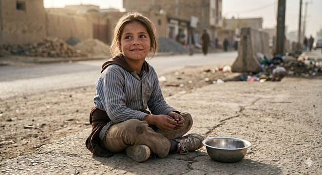 Fictional child symbolizing poverty, resilience and hope for a better future