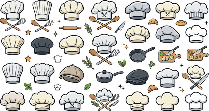 Chef hat vector icons set with crossed spoons whisks frying pans cutting boards and culinary kitchen tools