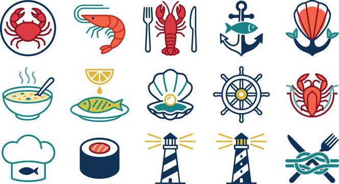 Seafood restaurant logo icon set featuring crab shrimp lobster fish oyster sushi lighthouse and nautical design elements