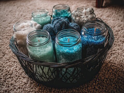 Basket Of Glass Jars Filled With Bath Salts