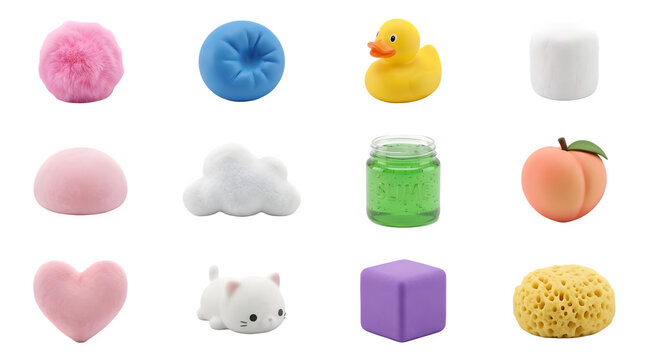 Collection of various soft squishy toys isolated on transparent background