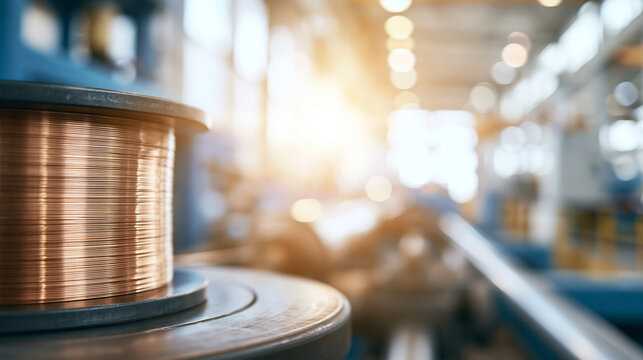 Industrial copper wire spool on manufacturing equipment in modern production facility, close up of conductive metal material used for electrical and engineering applications