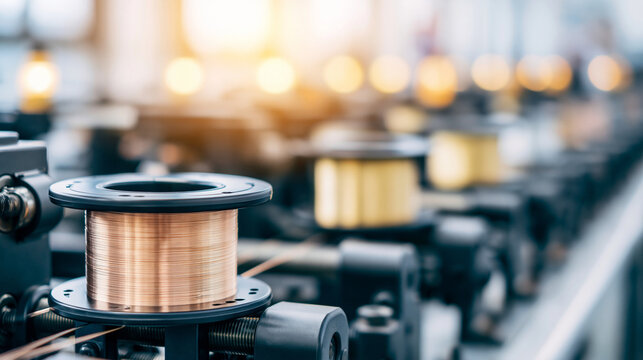 Industrial copper wire spool on manufacturing equipment in modern production facility, close up of conductive metal material used for electrical and engineering applications