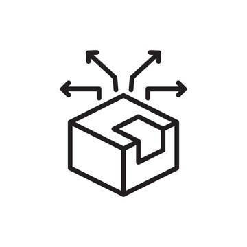 Product diversification vector icon. A cardboard box package with arrows pointing outward in different directions. Representing market expansion, new product development, and business portfolio growth