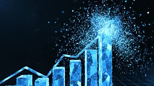 Digital financial bar chart with glowing blue wireframe