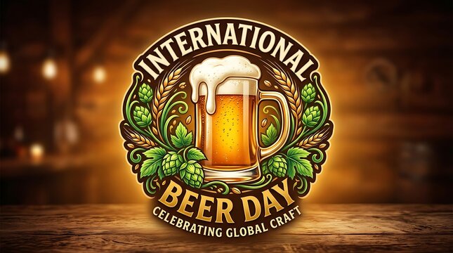 Vintage logo design for international beer day with frothy mug and hops illustration
