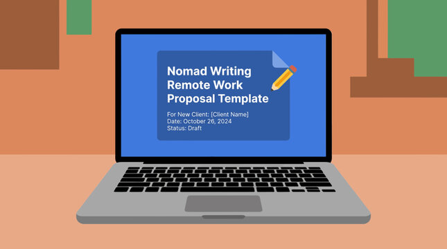 Nomad Writing Remote Work Proposal Template on Laptop for New Client