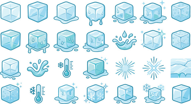Ice cubes vector icons set with melting water splashes freezing thermometers snowflakes and cold temperature elements