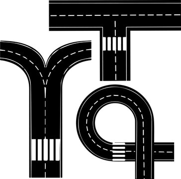 Road elements vector set with T-junction, Y-fork, curve loop,