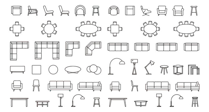 Minimalist furniture floor plan icons, architectural interior design symbols set, modern home layout vector elements for blueprint planning