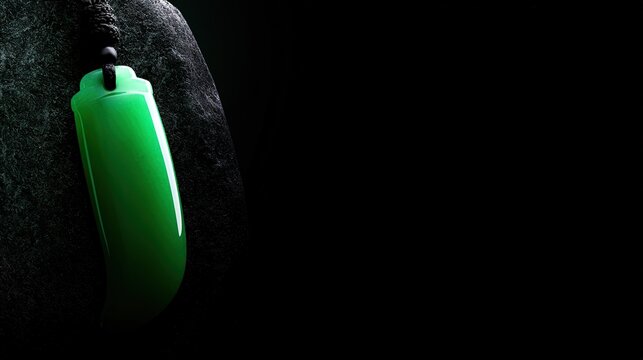 Slender green jade pendant shaped like silique on dark background, realistic light, minimal composition, ample copy space