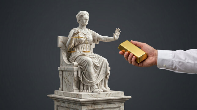 Justice scales marble statue reject gold bribe concept financial corruption risk. Judge lawyer legal authority law decision. equality right classical balance, judgement luxury fairness
