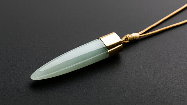 Slender green jade pendant shaped like silique on dark background, realistic light, minimal composition, ample copy space