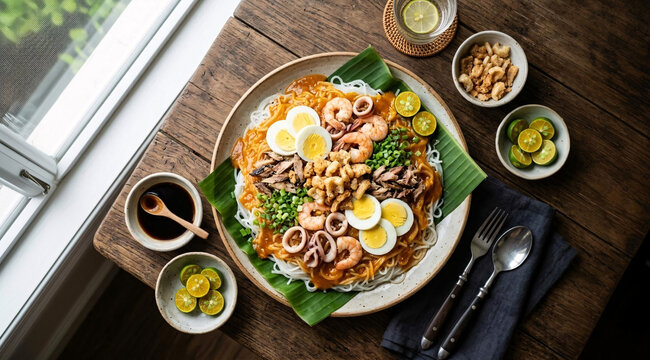 Overhead pancit palabok plate with rice noodles, shrimp, squid, eggs, calamansi, and crispy toppings