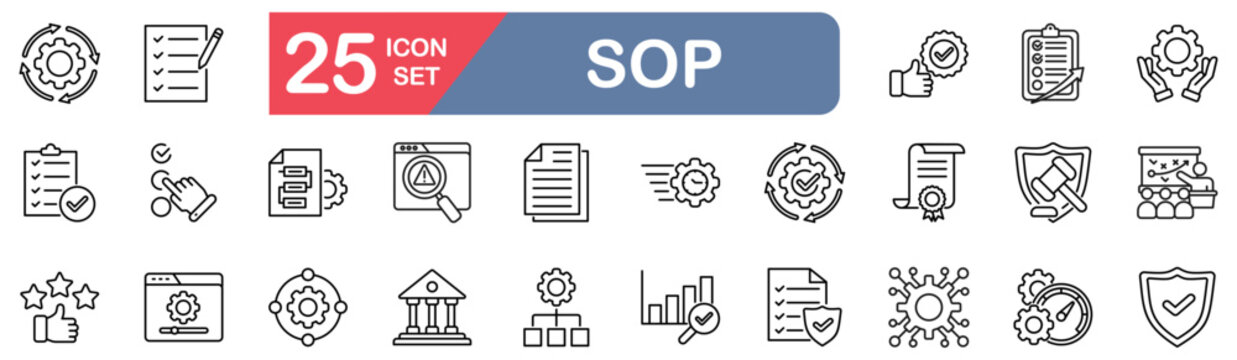 Sop set of web icons in line style. vector illustration concept relate to guidelines, workflow, compliance, documentation, efficiency, consistency
