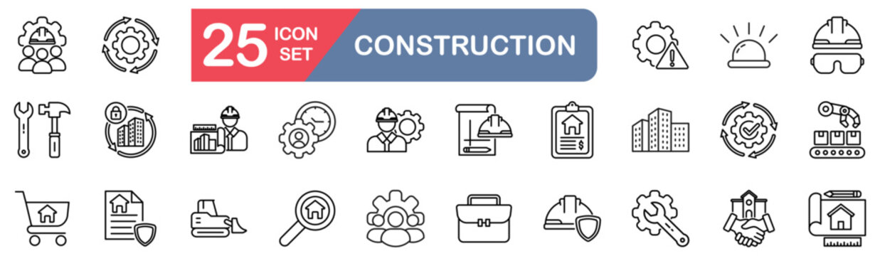 constructions set of web icons in line style. vector illustration concept relate to gears,engineer,contruction service,digging