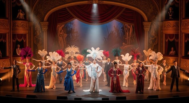 Performers in extravagant costumes on theater stage.