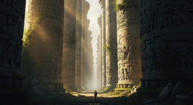 Ancient stone pillars in misty jungle with tiny person.