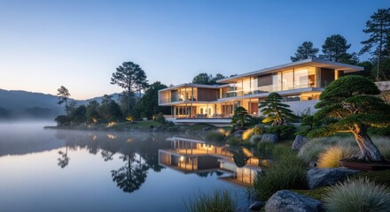 Fototapeta premium Modern luxury villa reflecting on calm lake water at twilight.